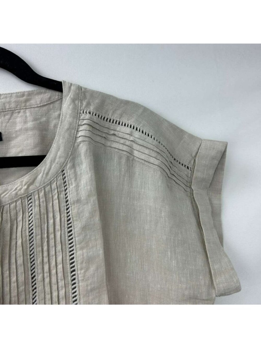 Talbots Women's S 100% Linen Blouse Beige Pintuck Lace Trim Button Down Top NWT - Picture 15 of 16